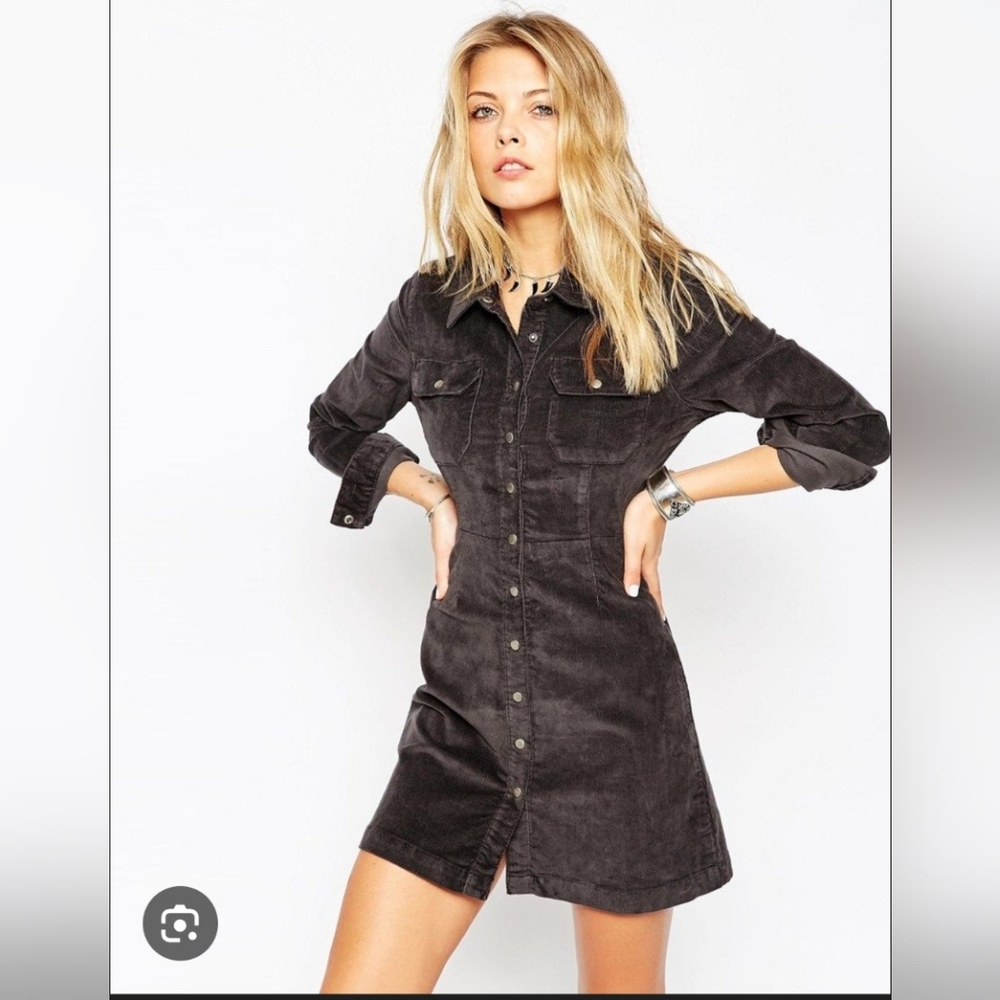 ASOS Denim Western Fitted Shirt Dress In Grey Cord